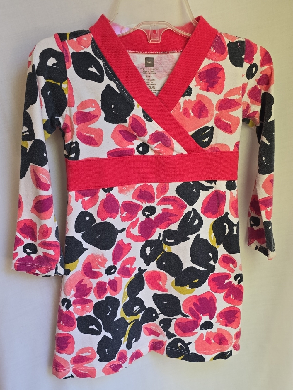 Tea Collection Size 2 Pink Black Floral Wrap Tunic with Coral Waistband